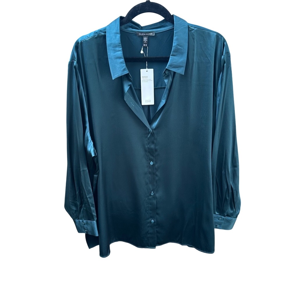 Eileen Fisher 3X Alpine Green Stretch Silk Charmeuse Classic Collar Shirt NWT
